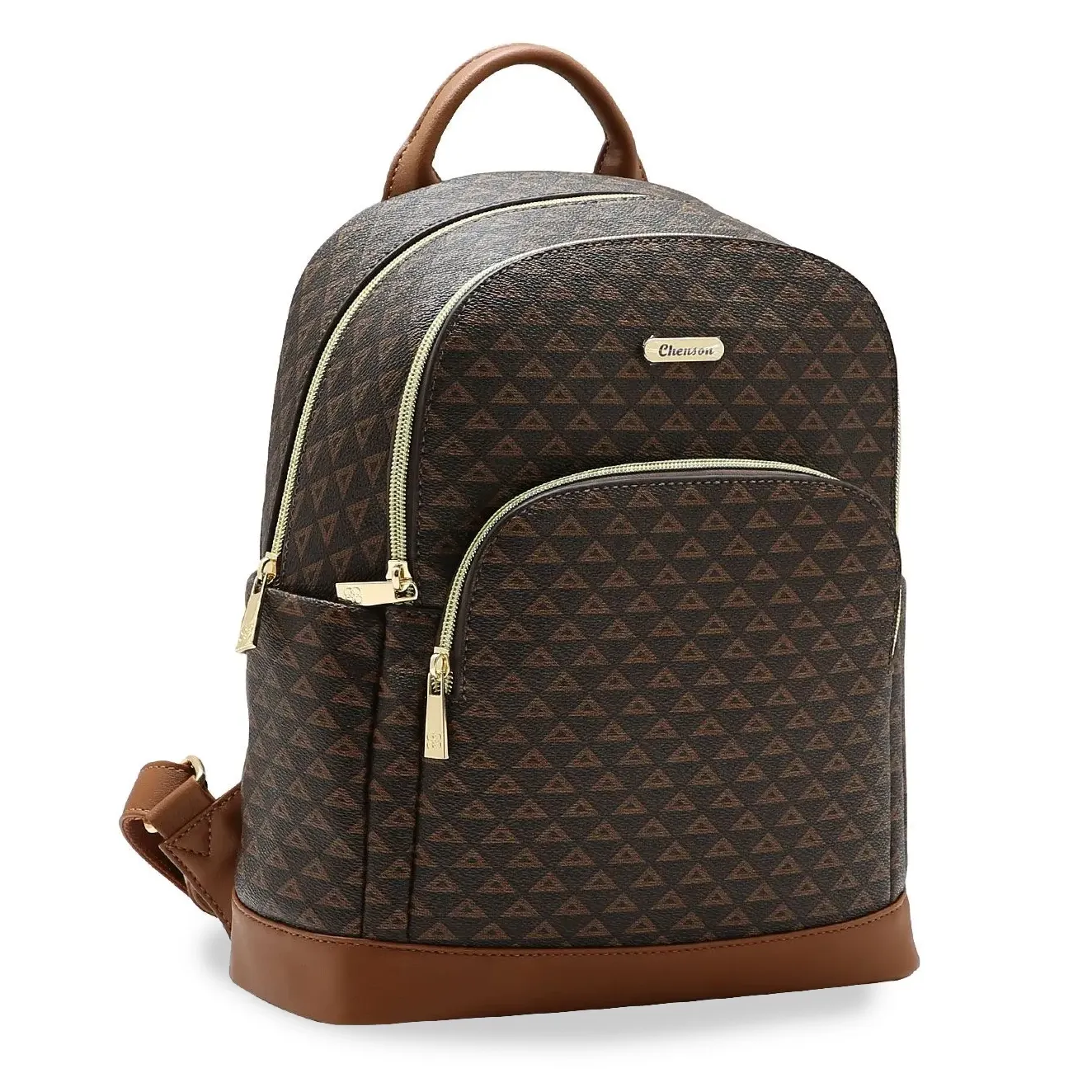 Mochila feminina Chenson cor café com estampa geométrica, vista frontal em ângulo lateral direito